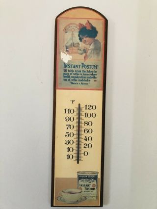 Vintage Instant Postum Cereal Wood Advertising Wall Thermometer Sign 17.  75 " Tall