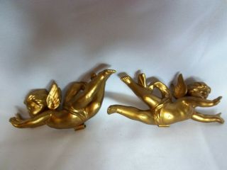 Set/2 Vintage Gold Ceramic Cherub Angel Clip - On Christmas Ornaments