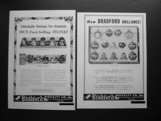 (2) Rare Vtg 1954 Dealer Ad - Bradford Novelty Christmas Ornaments Bells Balls