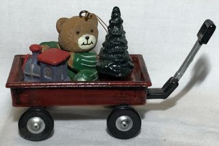 RARE Wangs Ornament Teddy BEAR Red WAGON Train CHRISTMAS Tree Ornaments 1988 2