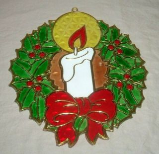 Vtg Lg Suncatcher Stained Glass Style Christmas Ornament Candle Wreath Holly