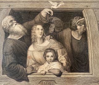 Antique Copper Engraving Of " Noah " And His Family