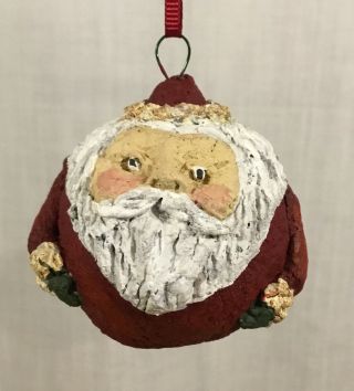 Vintage 1994 Round Hand Crafted Paper Mache Santa Christmas Ornament Signed