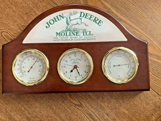 John Deere Wooden Weather Station W/thermometer,  Clock & Hygrometer (humidity)