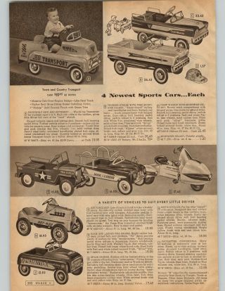 1957 Paper Ad 2 Pg Pedal Car Space Cruiser Hot Rod Us Army Jeep Camp Wagon Bird