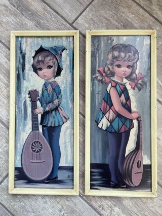 Vintage Mai Eden Art Prints Moppet Big Eyes Harlequin Girl Boy 6.  5” X 17 "