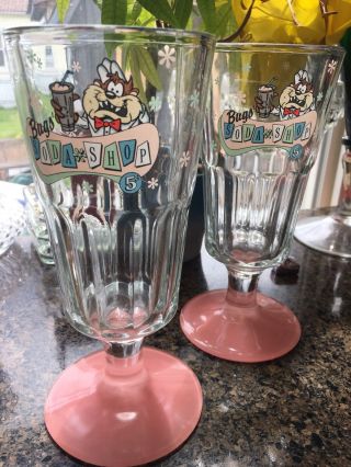 Rare Set Of 2 Warner Bros Taz Soda Shop Fountain Glass 1994.  Hard To Find