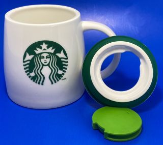 2011 Starbucks White Ceramic Coffee Travel Mug Mermaid Logo: Green Silicon Lid