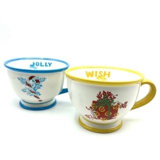 Starbucks 2007 Holiday Coffee Mug Jolly Wish Candy Cane Present Set Of 2 Blue