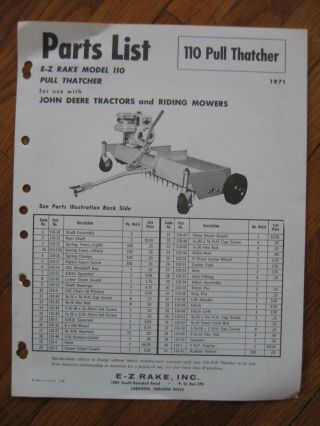 E - Z Rake 110 Pull Thatcher Parts List John Deere Lawn Tractor