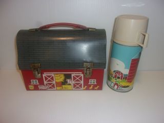 1958 Metal Open Door Barn Dome Lunch Box & Thermos.