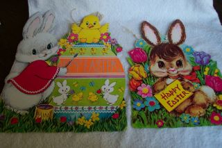 2 Vintage Easter Rabbit Bunny Cardboard Pictures / Wall Decorations