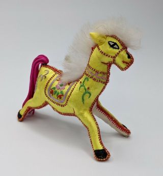 Vintage Embroidered Chinese Silk Rocking Horse Christmas Ornament Yellow