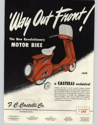 1954 Paper Ad Castelli Toy Pedal Car Motor Bike Cycle Motorcycle Scooter