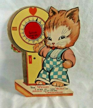 Vintage 1939 Large Mechanical Valentine Of Cat On A Scale,  Made In U.  S.  A.