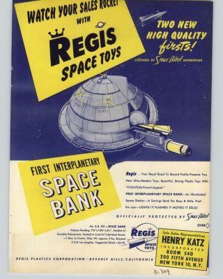 1953 Paper Ad 2 Sided Regis Space Toys Bank Emergency Lit