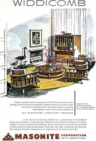 John Widdicomb Mid Century Modern Robsjohn Gibbings Masonite Tub Chair 1951 Ad