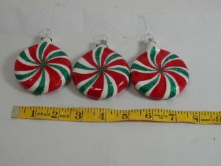 Glass Christmas Ornaments 3 Peppermint Candies 2.  5 Inch Red White Green