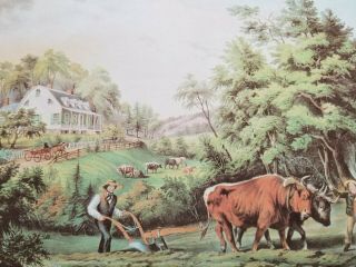 American Farm Scenes No 1 Farmhouse Sowing Cattle Plowing Currier & Ives Print