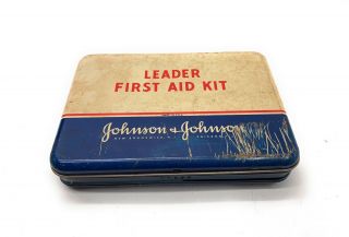 Vintage Leader First Aid Kit Johnson & Johnson Metal Tin Supply Kit 1950’s