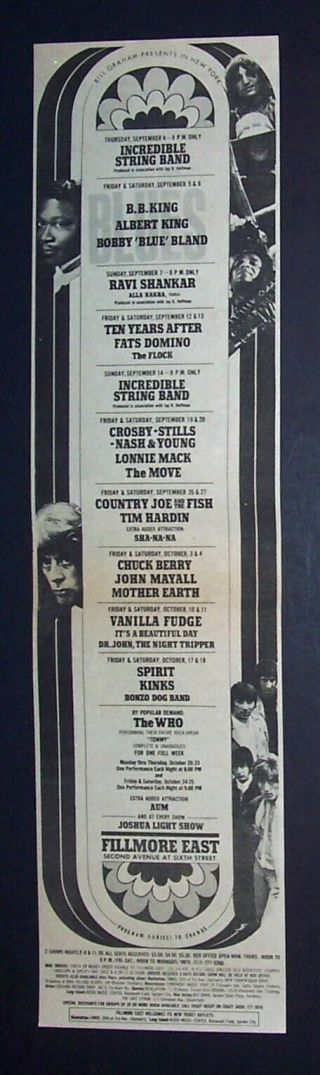 Crosby Stills Nash & Young,  The Who,  The Kinks Fillmore East 1969 Concert Ad 1
