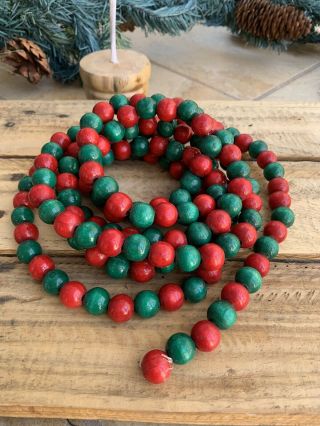 Wooden Beaded Green & Red Christmas Tree Garland 8ft Long,  1/2”wide