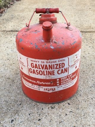 Vintage Eagle Metal Galvanized Gas Can 2 Gal.  With Wooden Handle,  Vent Cap