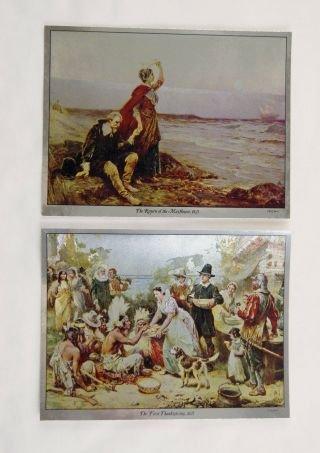 J.  L.  G.  Ferris Return Of The Mayflower And First Thanksgiving Foil Etch Print Set