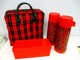 Vintage Aladdin Red Plaid Thermos & Lunchbox With Case Picnic Set
