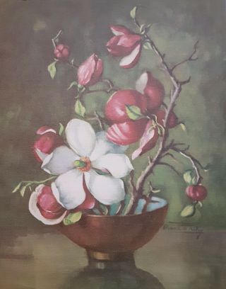 Vintage Floral Lithograph On Canvas " Oriental Magnolia " By Countess Zichy 8 X10