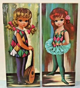 2 Vintage 1960s Eden Art Prints Big Eye Harlequin Girls Waifs 20 " Dancer
