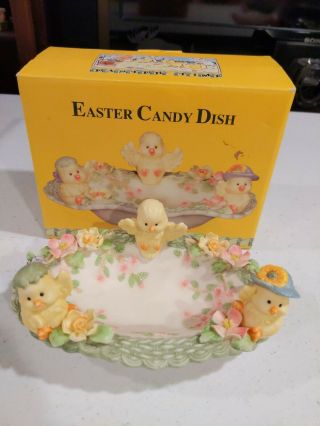 Easter Candy Dish Ceramic Chicks And Flowers Spring
