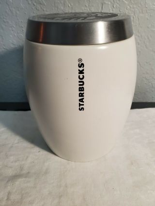 2011 Starbucks White Ceramic Coffee Bean Canister Cookie Jar Stainless Steel Lid