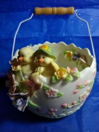 Spring Easter Egg Basket Bowl Ceramic Candy Dish Decor Pastel Chicks Flowers