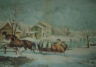 American Farm Scenes No.  4 Winter 1853 View Horse & Sled Currier & Ives Print