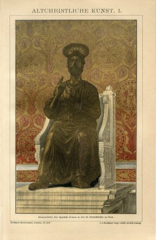 1895 Ancient Christian Saint Peter Sculpture Rome Italy Antique Lithograph Print