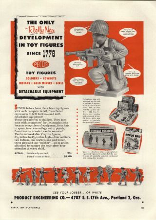 1954 Paper Ad Product Engineering Toy Co Reco Soldiers Cowboys Indians Gold Mine