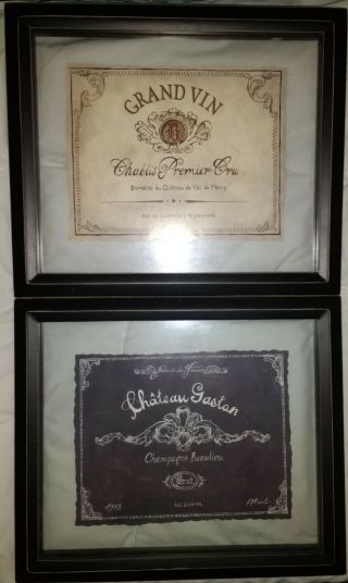 Framed 10 1/2 X 9 Chateau Gaston & Grand Vin Chablis Premier Cru Wine Labels (2)