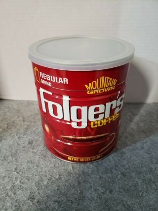 Vintage Folgers Metal Coffee Can With Lid 3 Lbs Mountain Grown Drip Grind