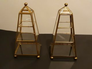 Obelisk Shaped Brass Metal & Glass Curio 3 Shelf Cabinet Display Cases