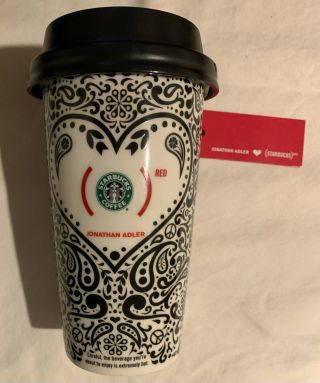 Starbucks Ceramic Travel Coffee Mug Cup With Lid Jonathan Adler Heart B & W