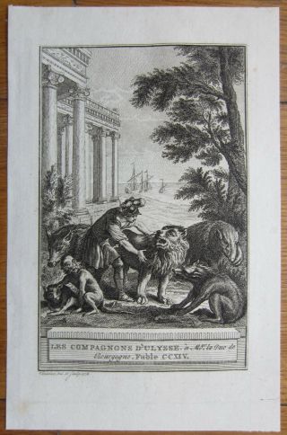 J.  De La Fontaine: Fable Fine Engraving Monkey Lion Ulysses - 1786