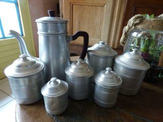 Set Of 6 French Vintage Metal - Alu Canisters Coffee Pot