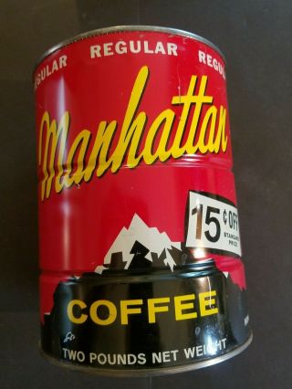 Vintage Manhattan Coffee Can 2 Lb Coffee Tin Coupon Logo Regular