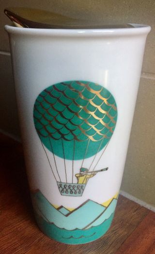 Starbucks 2014 Green Hot Air Balloon Ceramic Travel Tumbler 12oz W/ Gold Lid