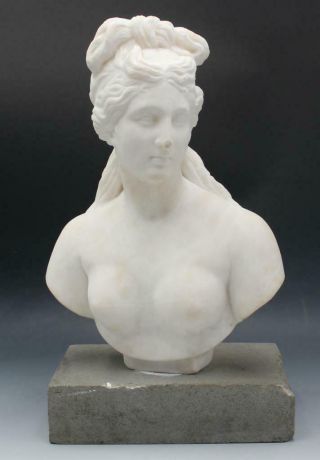 19c Italian Classical Style Marble Bust Of A Woman W/ Long Hair W/ Stone Base