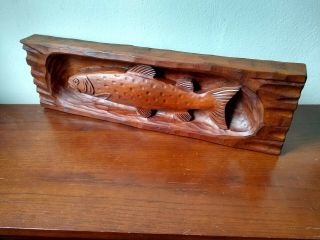 Folk Art Hand Carved Wooden Trout Fish Wall Hanger.  Unique.  Nr