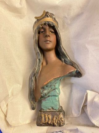 Antique Art Nouveau Bronzed Signed Lady Bust Sculpture Statue Mystic Diane