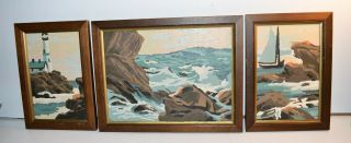 Vintage Paint By Numbers Framed Art Waves Jetty Lighthouse Sailboat Painting Set