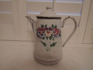 Vintage German Enamelware Enamel Coffee Pot/teapot Hand Painted Pansies 1940 